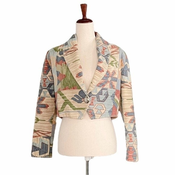 Rhonda Stark Southwest Tapestry Cropped Boho Jacket Cream Olive Rose Size Medium - Picture 1 of 15